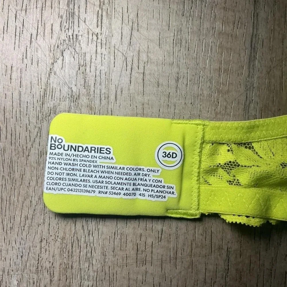 No Boundaries Lace Bra Size 36D Neon Yellow Lime Underwire Bold Everyday